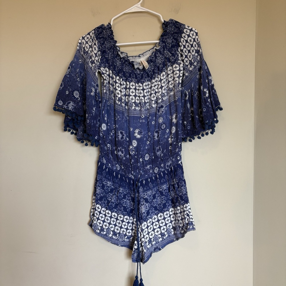 Anthropologie Raga Romper Women's Small Blue Pom‎ Pom Flare Sleeves